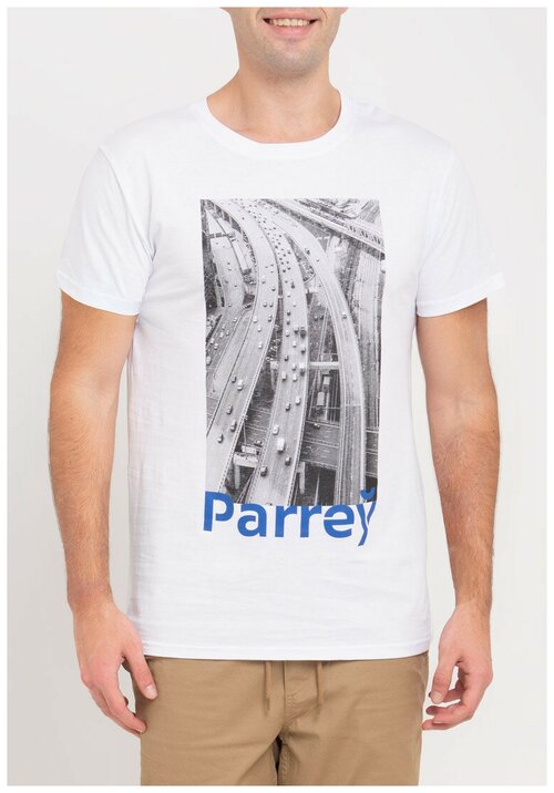 Белая мужская футболка Parrey, синий принт Interchange размер S