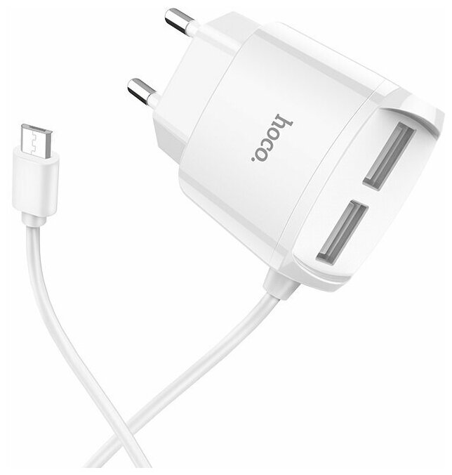 Сетевое зарядное устройство HOCO C59A Mega Joy 2xUSB, 2.4А, интегр кабель Type-C, 1м (белый)