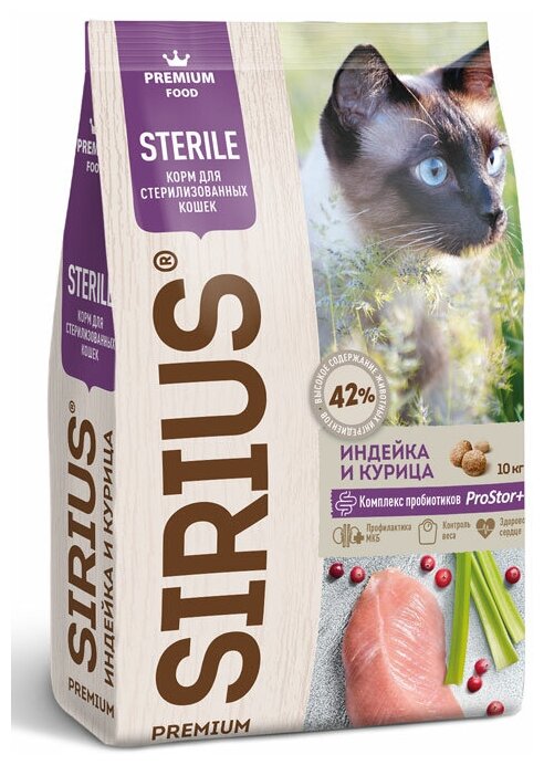 Сухой корм для кошек Sirius для стерилизованных с индейкой и курицей 1,5 кг