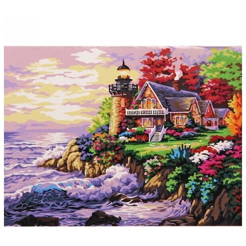 Алмазная мозаика 40*50см «Дом у моря» с полным заполнением, напечатанной рамкой, на деревянном подрамнике M50224
