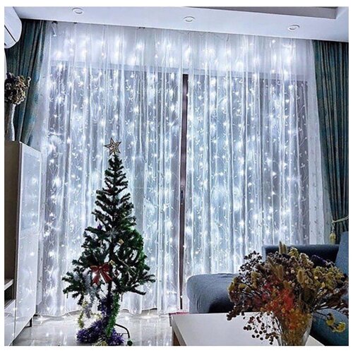фото Новогодняя светодиодная гирлянда штора / занавес / дождик с контроллером и коннектором 5 х 2 м белый baziator