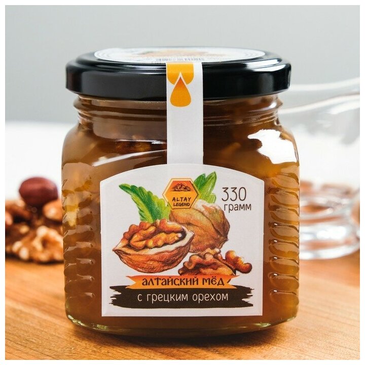 Мёд Алтайский натуральный цветочный, с грецким орехом, 330 г - фотография № 2