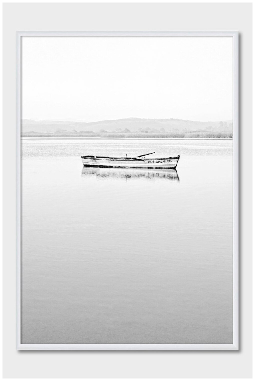 Черно-белый постер на стену для интерьера Postermarkt Лодка на озере, постер в белой рамке 40х50 см, постеры картины для интерьера в белой рамке