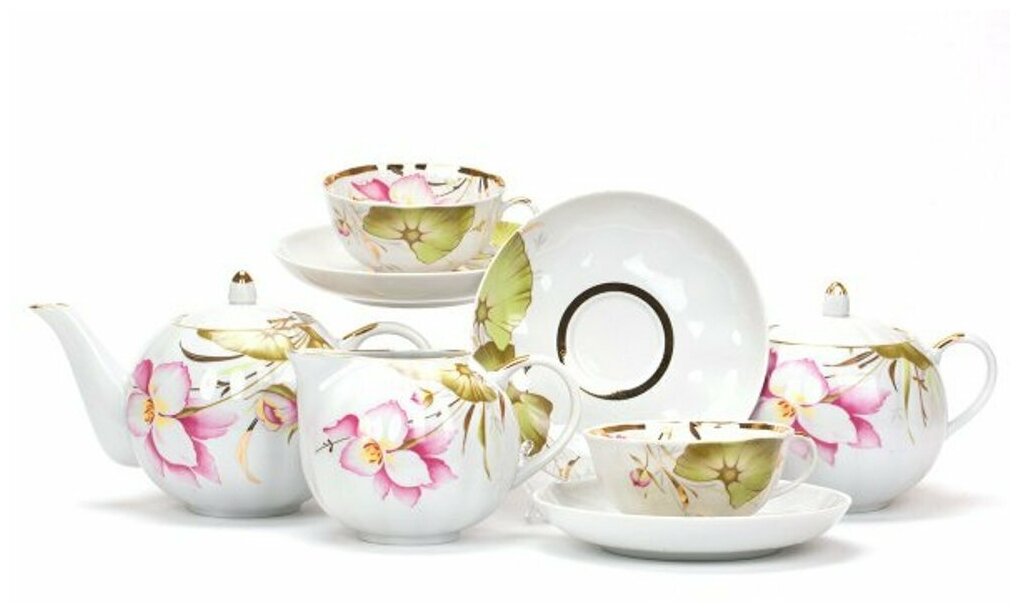 фото Сервиз чайный. Дулёвский фарфоровый завод. Форма Тюльпан. Рисунок Июнь. 15 предметов.