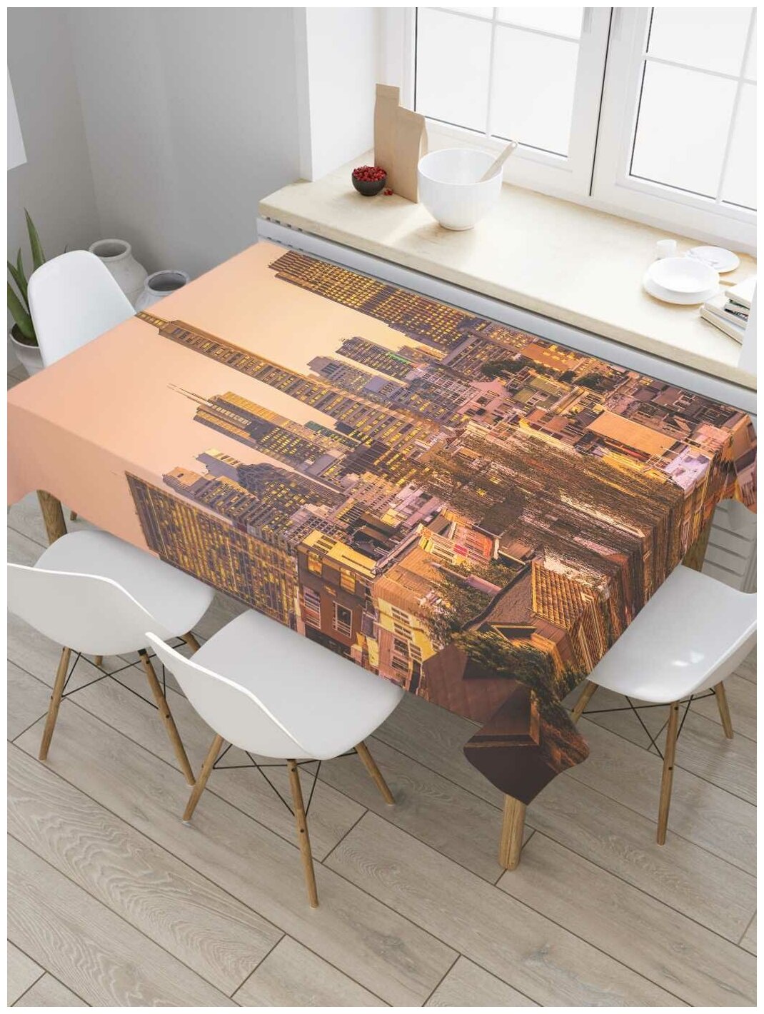 Скатерть прямоугольная JoyArty на кухонный стол "Оранжевый вечер в мегаполисе" из оксфорда, 120x145 см