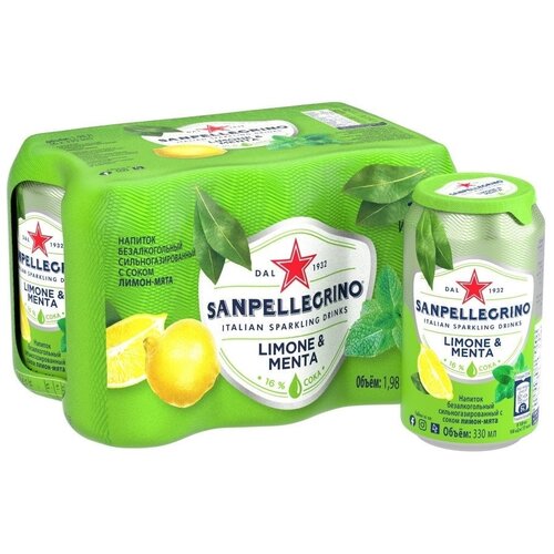 Газированный напиток Sanpellegrino Limone e Menta лимон и мята, 0.33 л, металлическая банка, 6 шт.