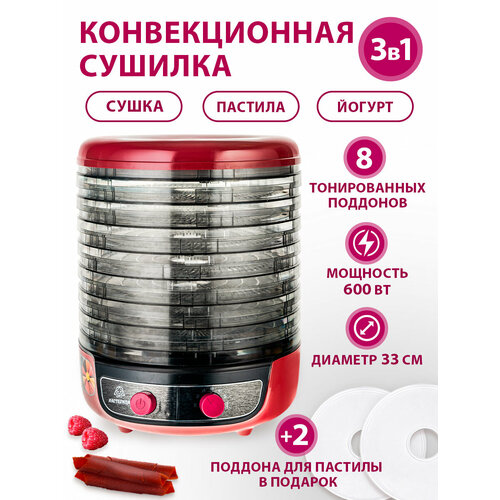 Сушилка для овощей 3в1 с функциями приготовления йогурта и десертов Мастерица EFD-2000 вишнево-черн 8 тонир поддонов2 поддона для пастилы в подарок 724200₽