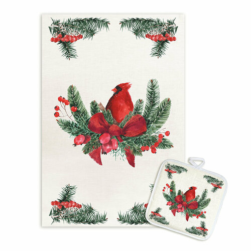 S-CHIEF НК-71-39 Кухонный набор Новый год полотенце 45 х 60 прихватка 18х18 56 х 35 см Кардинал с еловыми ветками УТ-0013392 1364₽