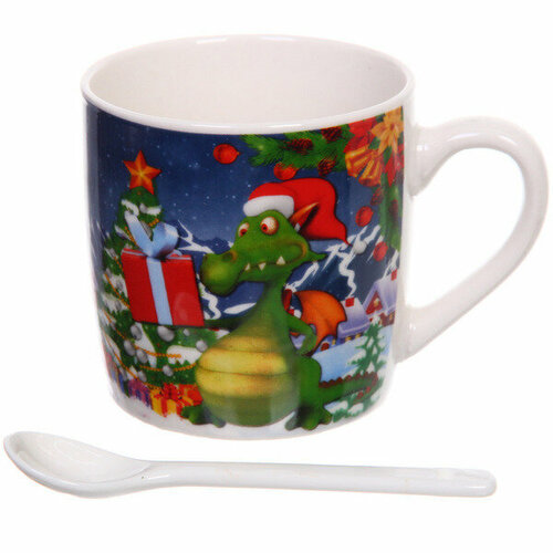 Кружка керамическая 200мл в наборе 2шт с ложками «Дракончик с подарком»