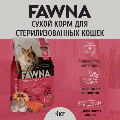 Сухой корм Fawna Cat Esterilizado для взрослых стерилизованных кошек, лосось, тыква, красные ягоды 3 кг