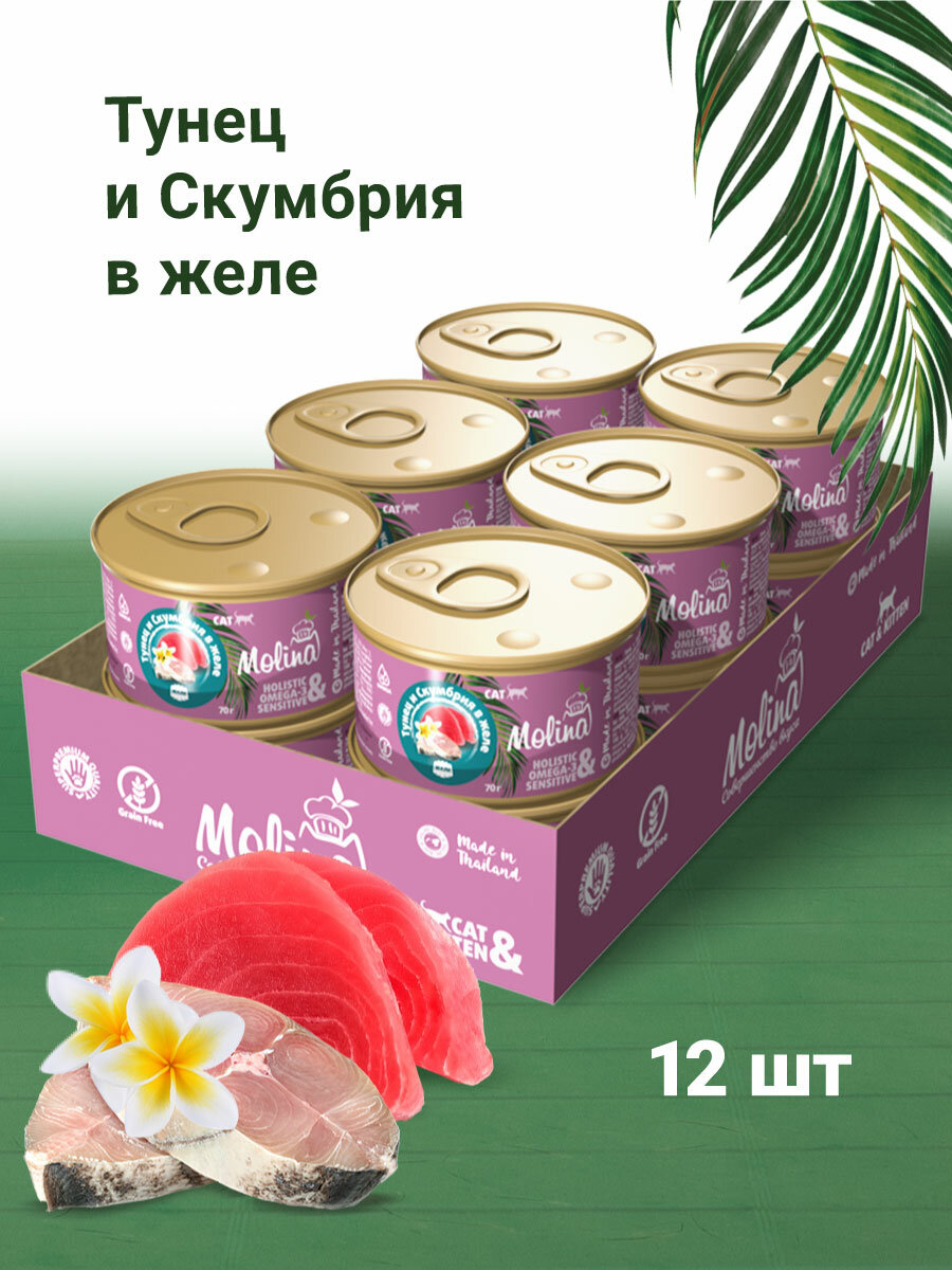 MOLINA корм для взрослых кошек с тунцом и скумбрией в желе (70 гр х 12 шт)