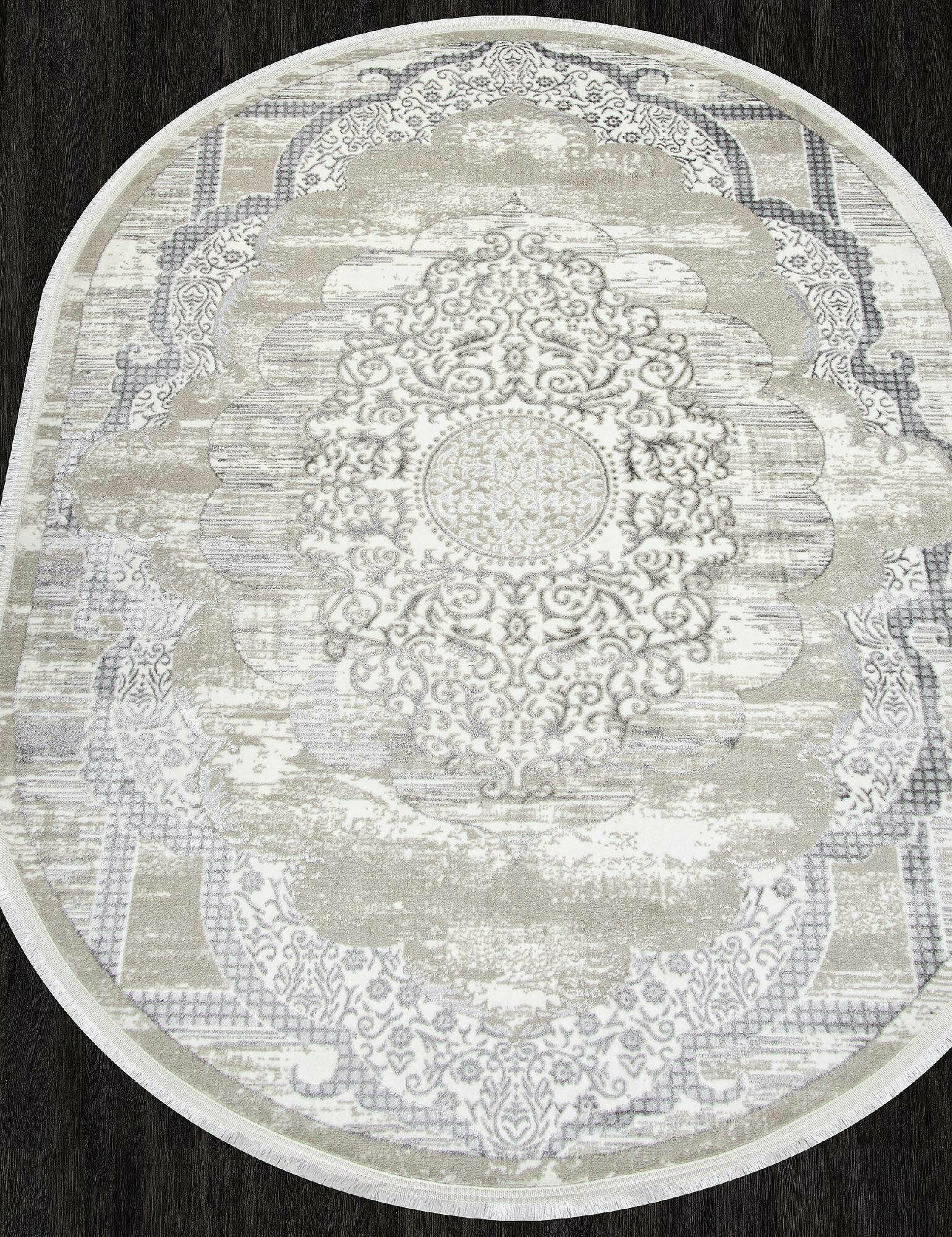 фото Ковер ALFANI-A Q018A GREY FDY / CREAM SHRINK Овал C бахромой 0.8 x 1.5 м.