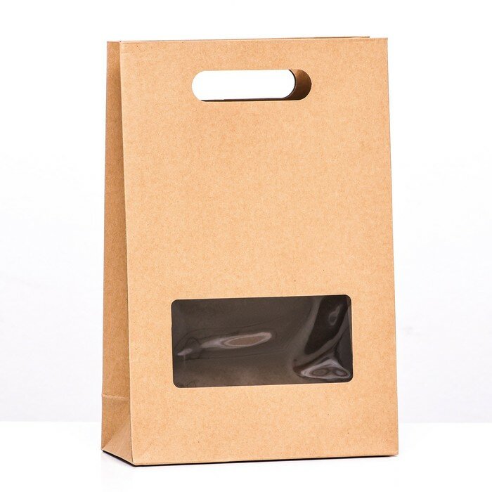 Коробка-пакет крафт с окном и ручкой 30 х 20 х 8 см 5 штук