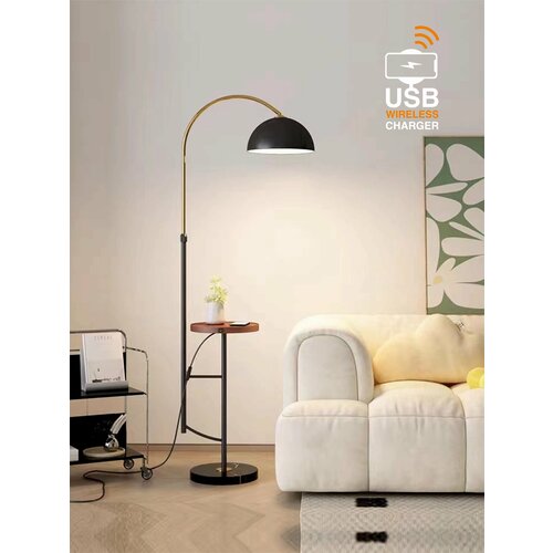 Торшер напольный светильник со столиком и беспроводной зарядкой для спальни или гостиной VertexHome
