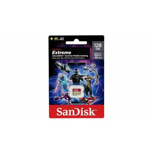 Карта памяти SanDisk Extreme microSDXC 128GB Mobile Gaming UHS-I U3 V30 A2, R/W 190/90 МБ/с карта памяти microsdxc transcend 340s 128 гб uhs i class u3 v30 a2 с адаптером