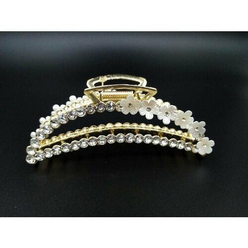 Металлическая заколка краб Полумесяц со стразами и цветами, цвет золото