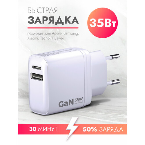 Сетевое зарядное устройство Power Delivery QC 35W быстрая зарядка GAN белая Brozo 800₽