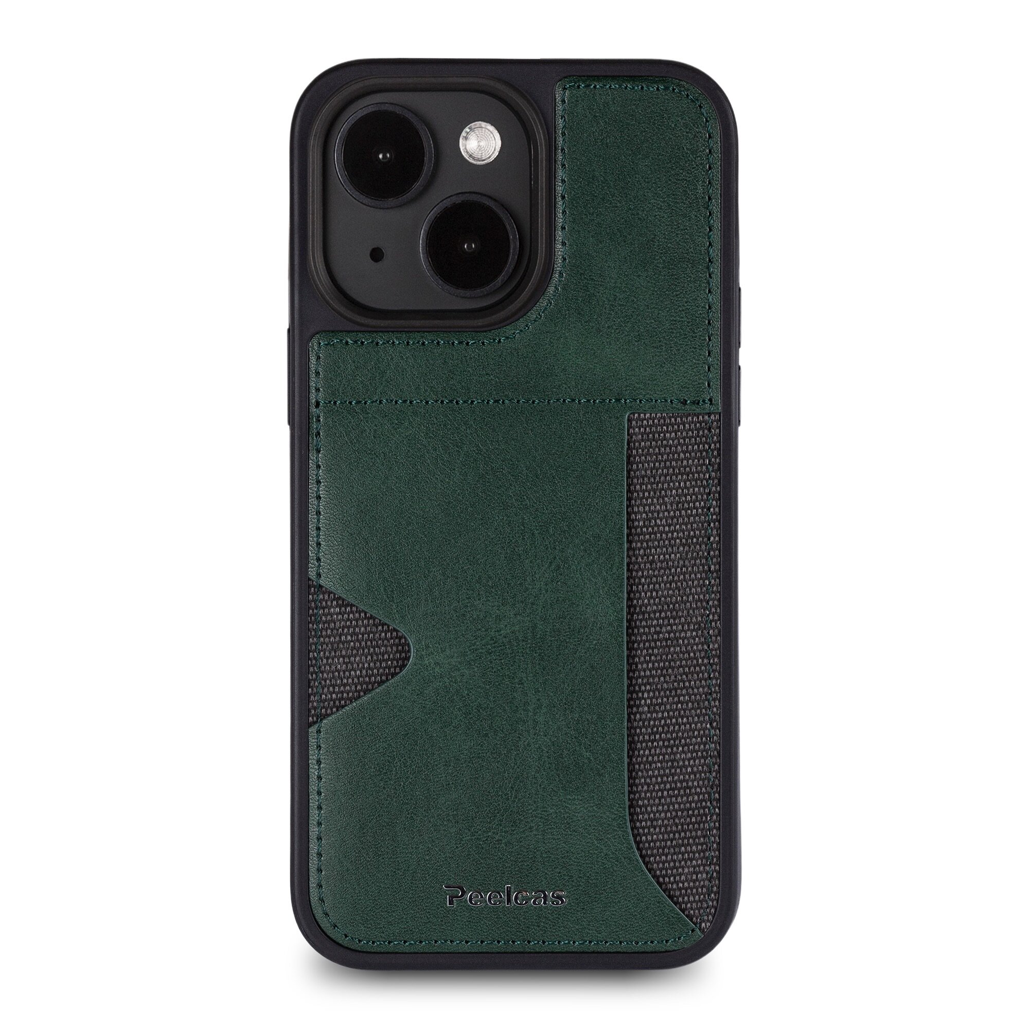 Чехол кожаный на iphone 14 (6,1) с карманом для карт зеленый — фото 1