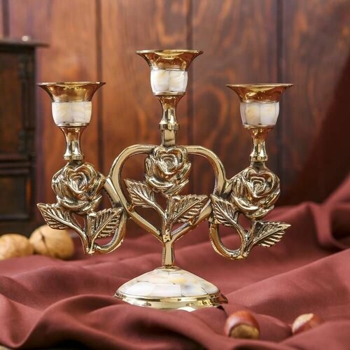 Подсвечник латунь на 3 свечи 16 см перламутр Роза в сердце 3724₽