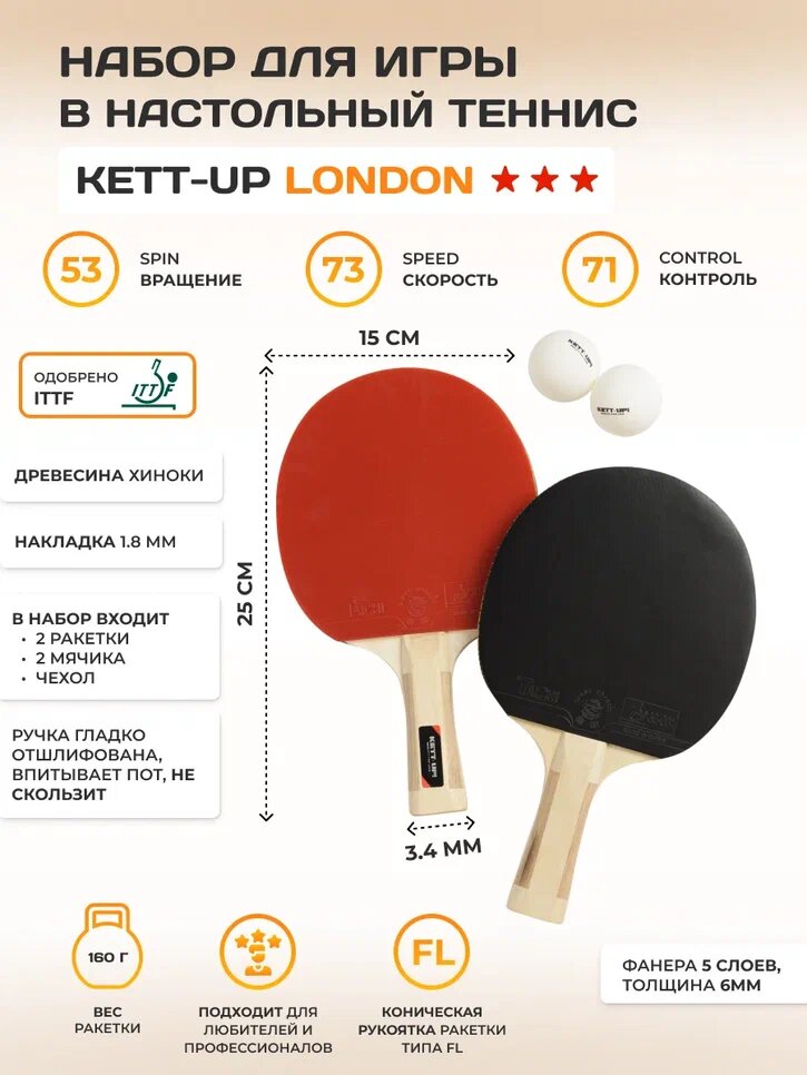 фото Набор для игры в настольный теннис KETT-UP BARSELONA (две ракетки 2 звезды, два мячика, чехол)