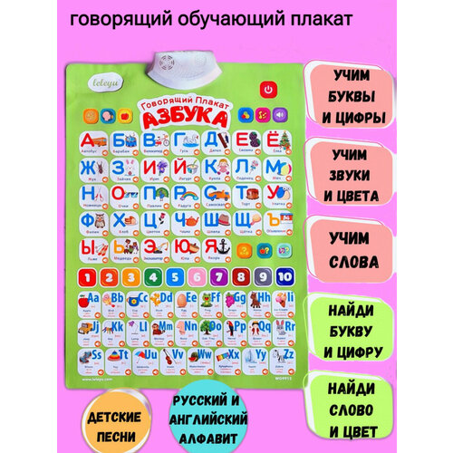 Азбука говорящая алфавит плакат русский, обучающий интерактивный букварь для детей, изучаем буквы, цифры, электронная и музыкальная