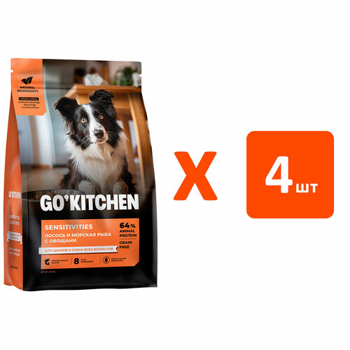 GO! KITCHEN Полнорационный беззерновой сухой корм для щенков и собак всех возрастов с лососем и морской рыбой для чувствительного пищеварения, 1,59 кг х 4 шт.