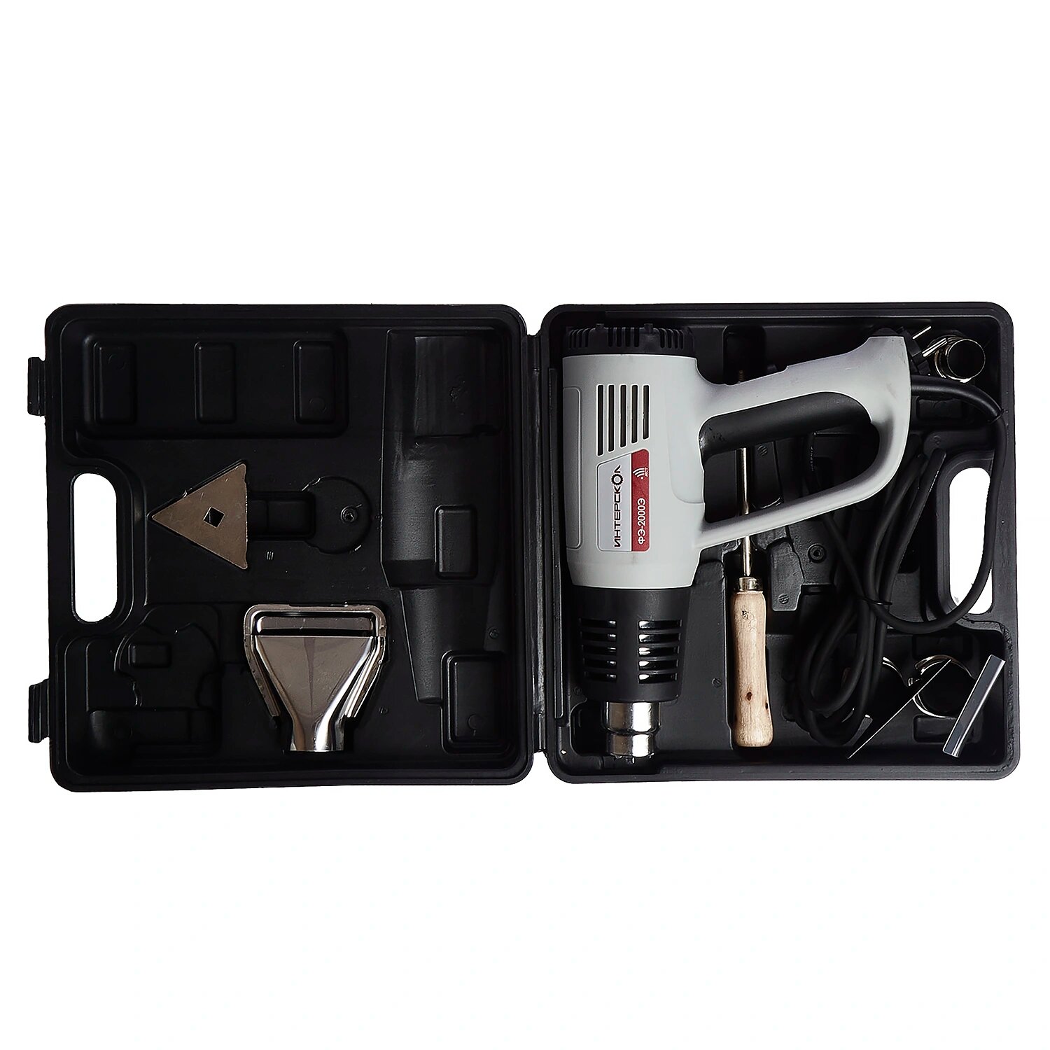 Строительный фен ИНТЕРСКОЛ ФЭ-2000Э 192.0.1.00, кейс, насадки — фото 1