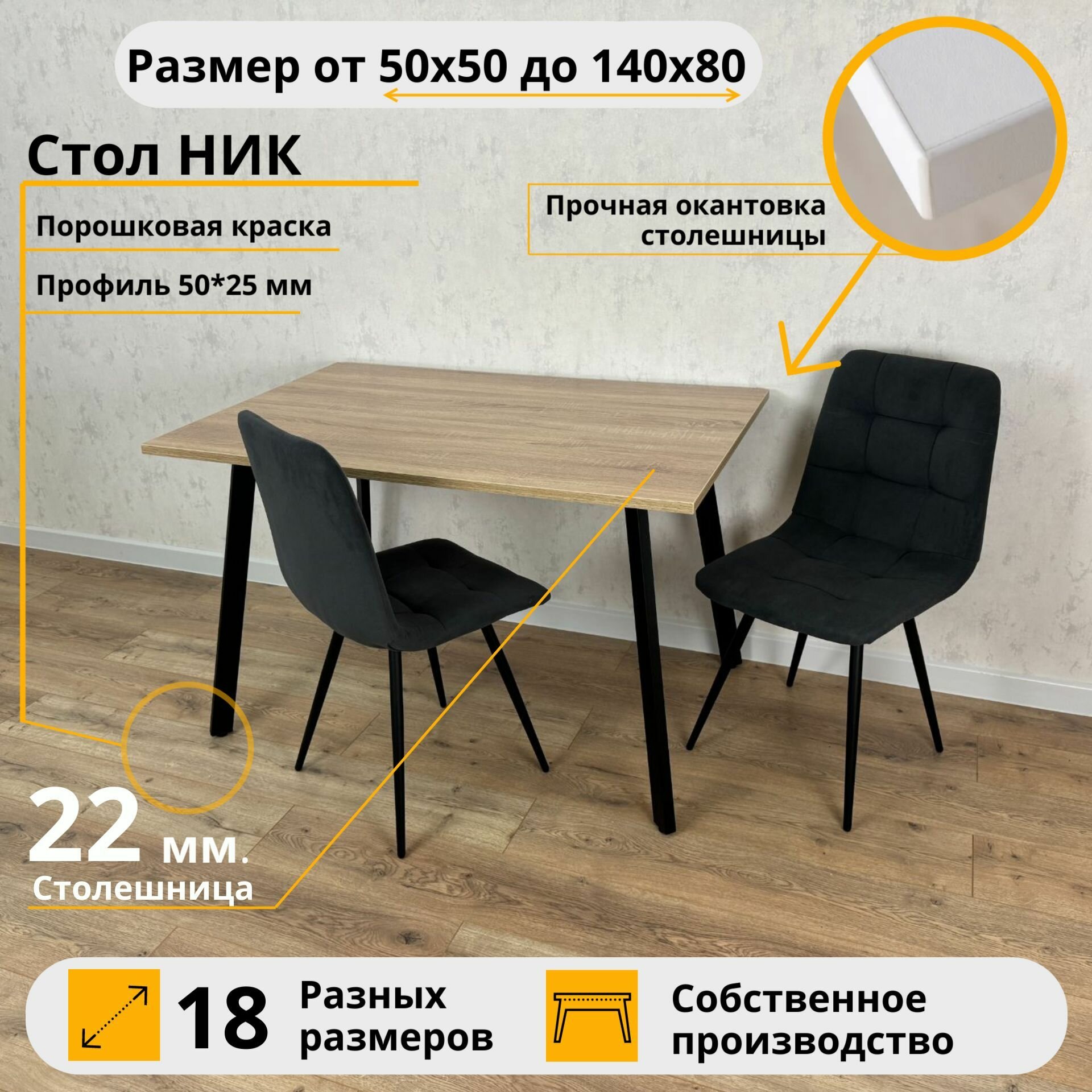 MiLoft Стол Ник обеденный 80х80х75 Дуб Сонома кухонный нераскладной Черные ножки