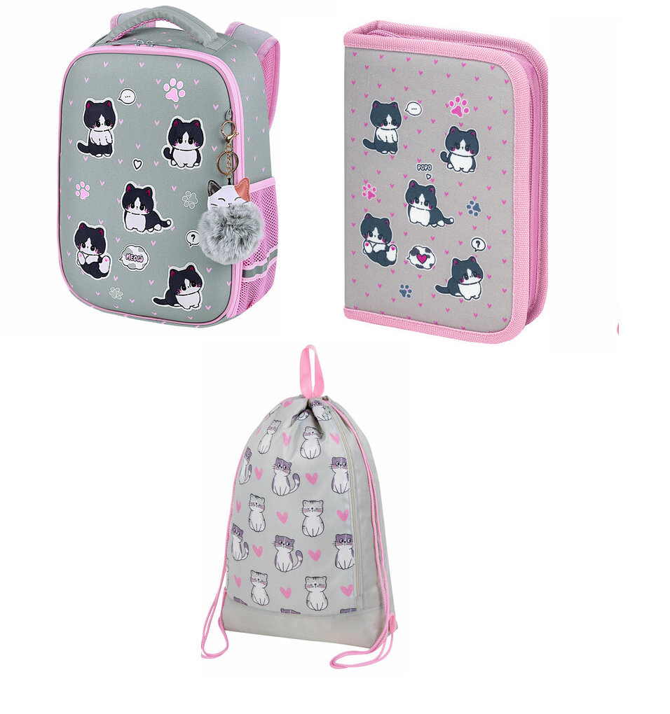 Ранец BRAUBERG LIGHT, "Cat patches" (272030)+Пенал 1 отделение, "Cat patches", (272327) +Мешок для обуви 46х36 см, "Kitties",(272407)