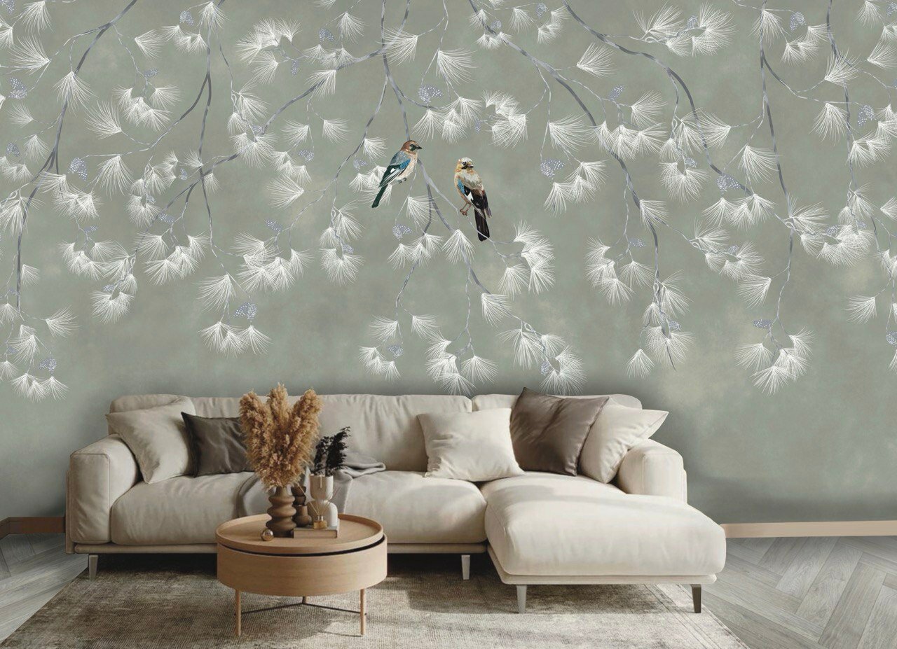 Обои бесшовные "Сойка" бежево-серый (ширина 3100мм х длина 4000мм)