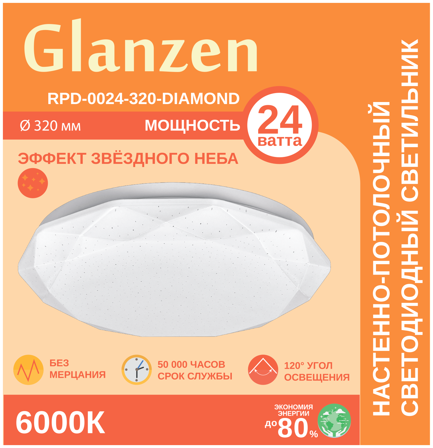 Светодиодный настенно-потолочный светильник GLANZEN 24Вт RPD-0024-320-DIAMOND IP20 6000К