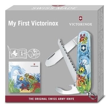 Складной нож VICTORINOX My First Victorinox Dolphin Edition, 9 функций, 84мм, голубой / рисунок - фото №11