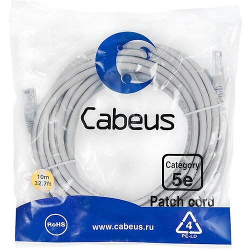 Cabeus PC-UTP-RJ45-Cat.5e-10m Патч-корд U/UTP, категория 5е, 2xRJ45/8p8c, неэкранированный, серый, PVC, 10м cabeus pc utp rj45 cat 5e 10m lszh патч корд u utp категория 5е 2xrj45 8p8c неэкранированный серый lszh 10м pc utp rj45 cat 5e 10m lszh