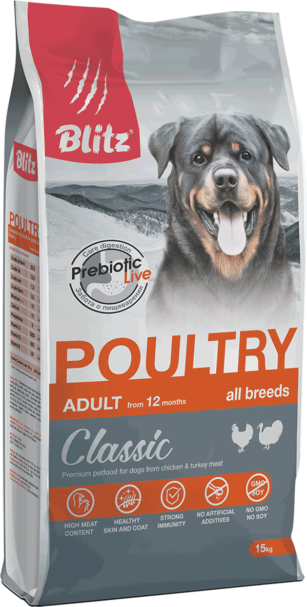 BLITZ ADULT DOG POULTRY сухой корм для взрослых собак, Домашняя птица 15 кг.