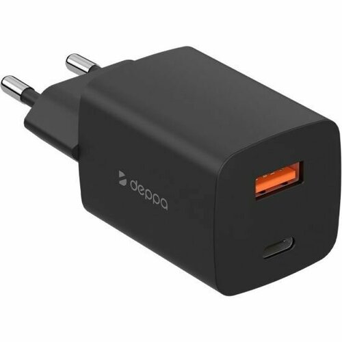 Сетевое зарядное устройство DEPPA Depopa USB A + USB-C, PD 3.0, QC 3.0, 45Вт, GaN, черный. сетевое зарядное устройство usb c power delivery mini gan 20вт белый deppa deppa 11440