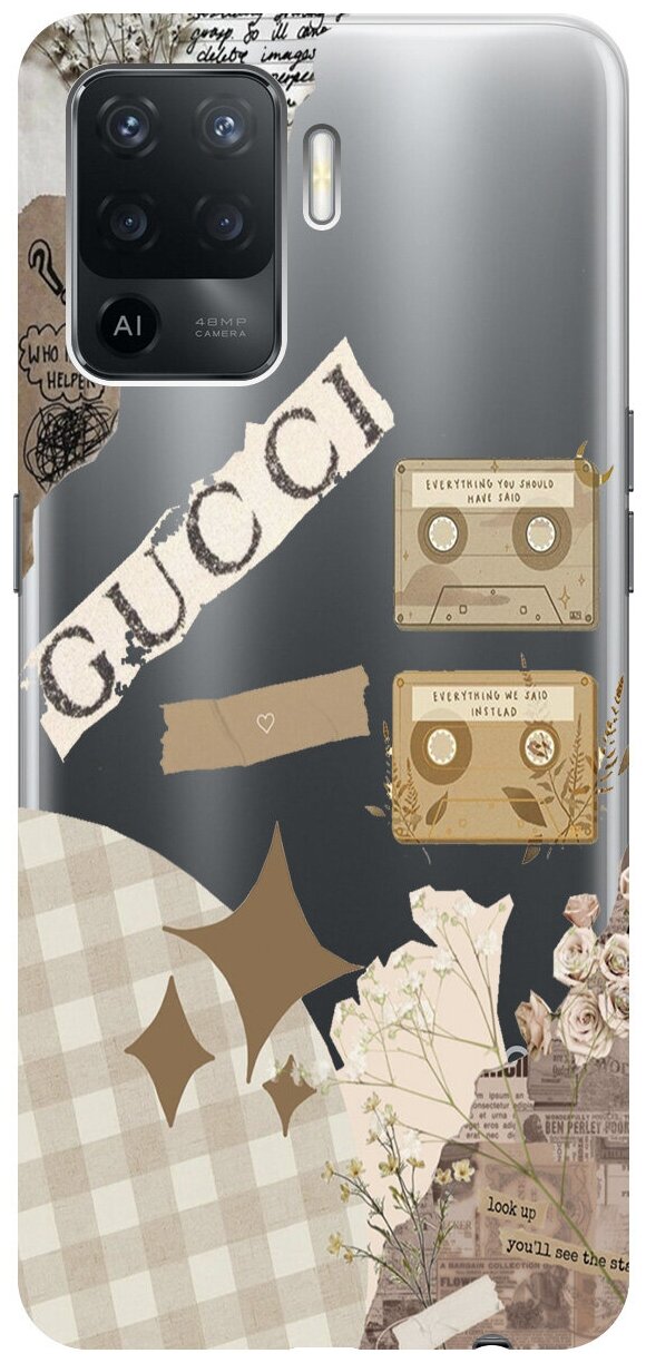 Силиконовый чехол на Oppo Reno5 Lite / Оппо Рено5 Лайт с 3D принтом "GUCCI Stickers" прозрачный