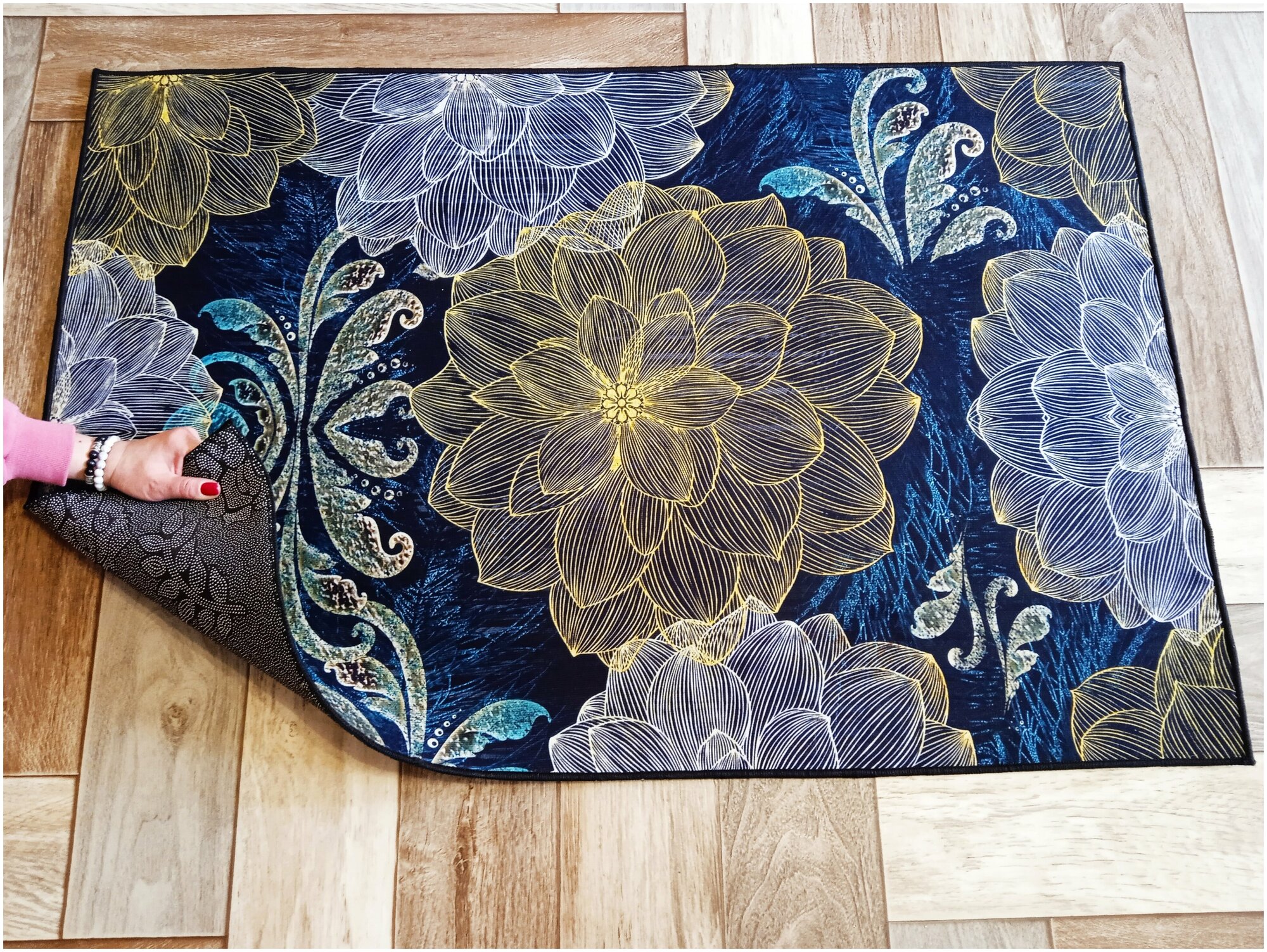 Ковер безворсовый 80х120см, ковер прикроватный, коврик придверный, ковер для кухни "Листья и перья" - фотография № 4