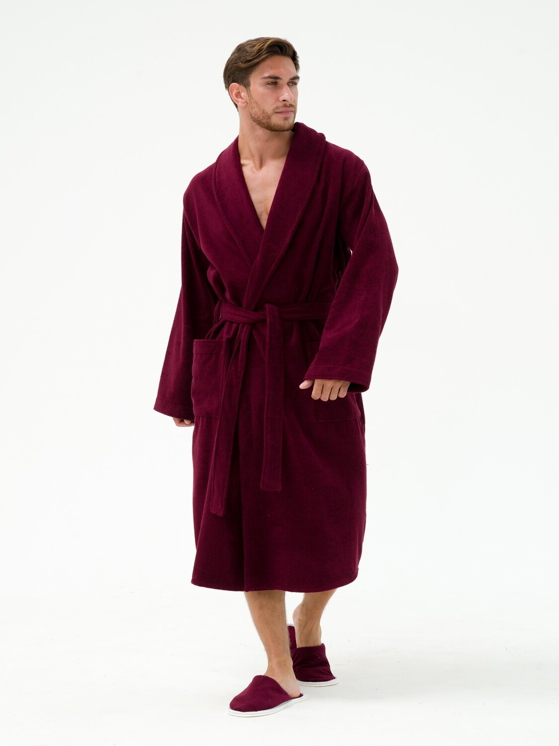 Мужской махровый халат с шалькой, темно-бордовый - фотография № 3