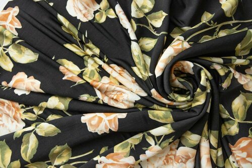 Ткань черный трикотаж Унгаро с бежевыми цветами