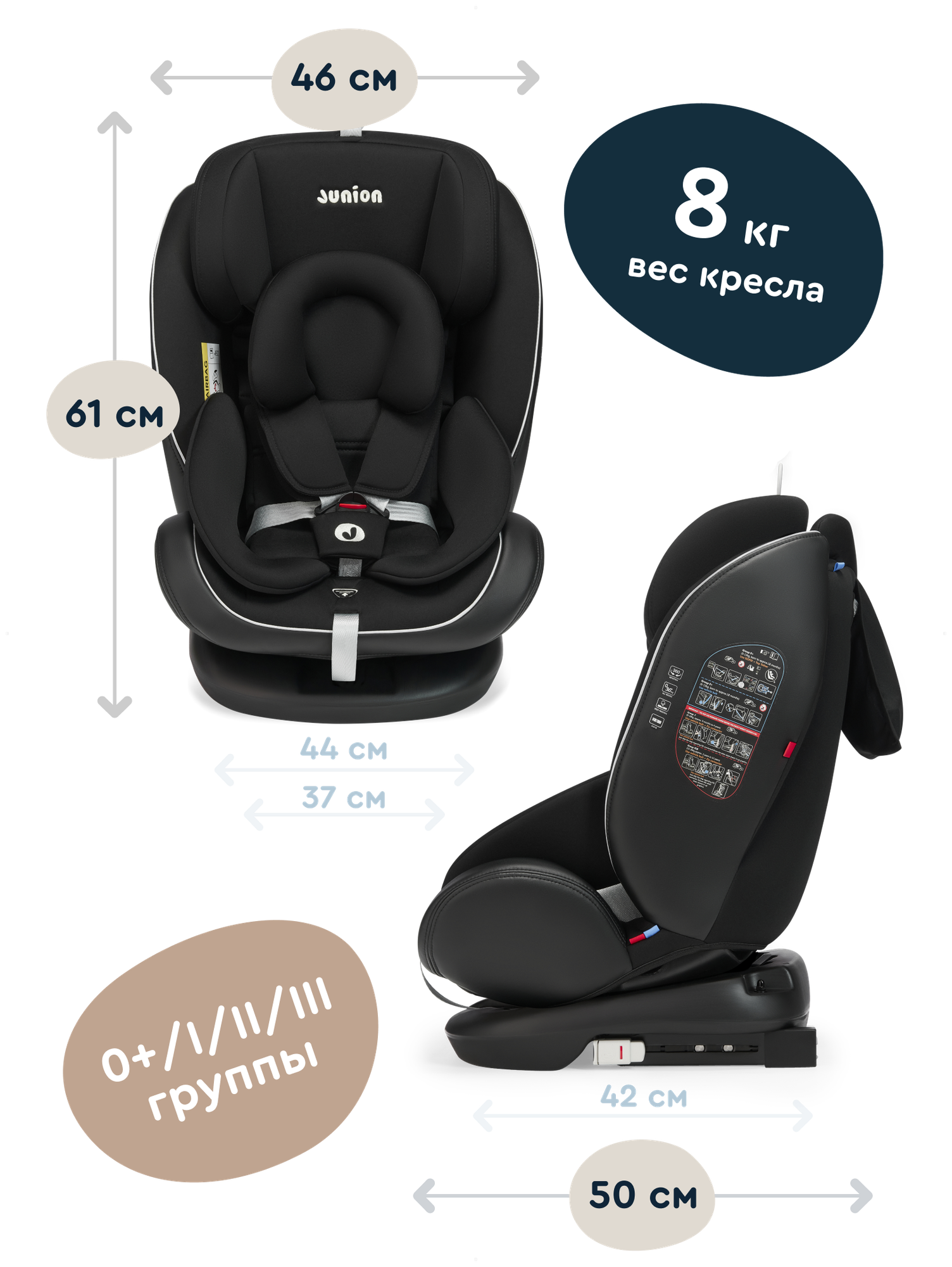 Автокресло JUNION Odri группа 0+/1/2/3 (0-36 кг), 360°, Isofix, чёрный