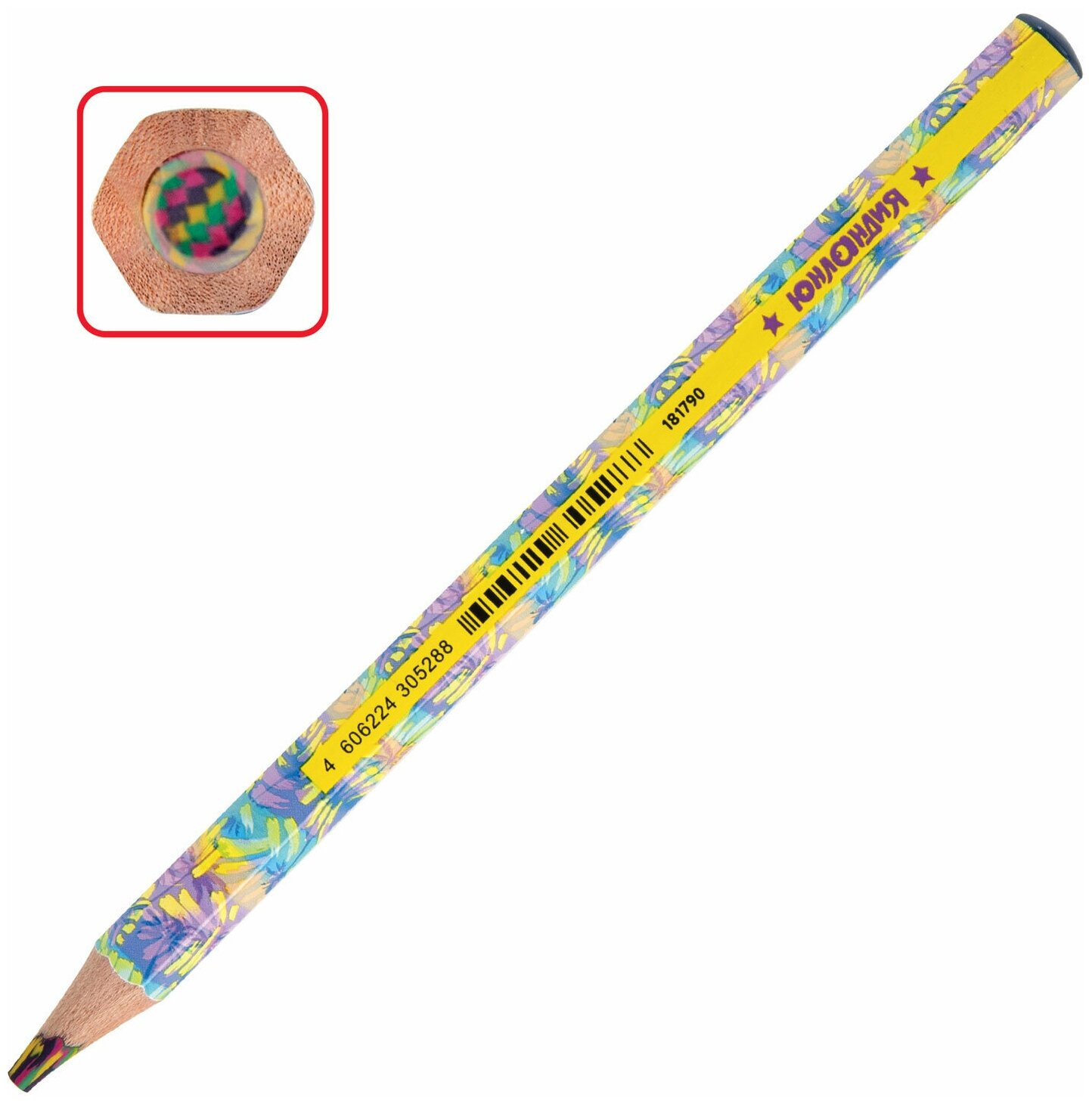 Карандаш с многоцветным грифелем ЮНЛАНДИЯ MAGIC TROPIC, 1 шт, тропические цвета, шестигранный, утолщ. грифель 5мм, натуральное дерево