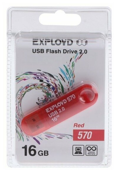 Флешка Exployd 570, 16 Гб, USB2.0, чт до 15 Мб/с, зап до 8 Мб/с, красная