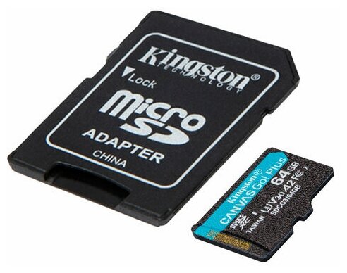 Карта памяти microSDXC UHS-I U3 Kingston Canvas Go! Plus 64 ГБ, 170 МБ/с, Class 10, SDCG3/64GB, 1 шт, переходник SD