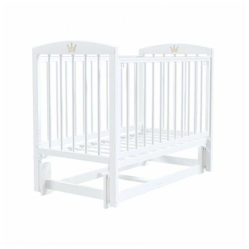 Кроватка Левушка-5 без ящика, универсальный маятник, белая, с матрасом Облачко 27 и наматрасником