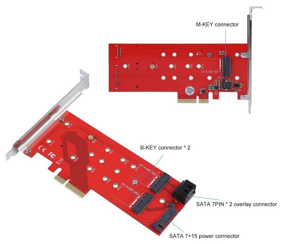 Переходник PCI-Ex4 - NGFF(M2) SSD PCI-E->M2 M key SATA->2 x M2 B key | ORIENT C298E