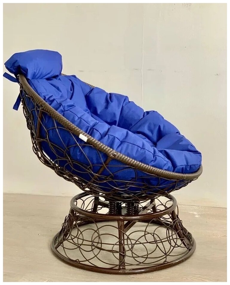 Кресло m-group папасан пружинка мини ротанг коричневое, синяя подушка - фотография № 4
