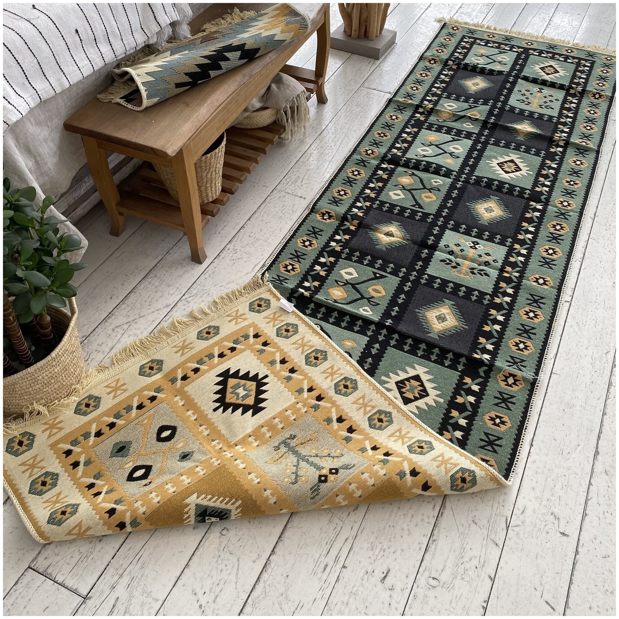 Ковровая дорожка турецкая, килим, Raty Green, 80x300 см, двусторонняя - фотография № 3