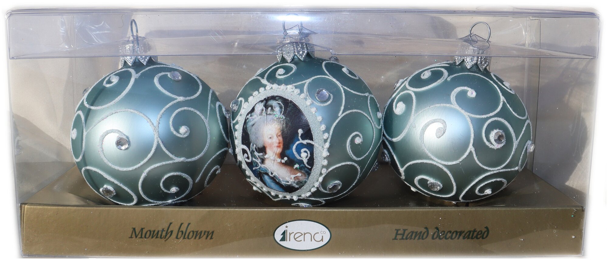 Набор елочных шаров Irena Co Портрет дамы, 80361, бирюзовый, 6 см, 3 шт.