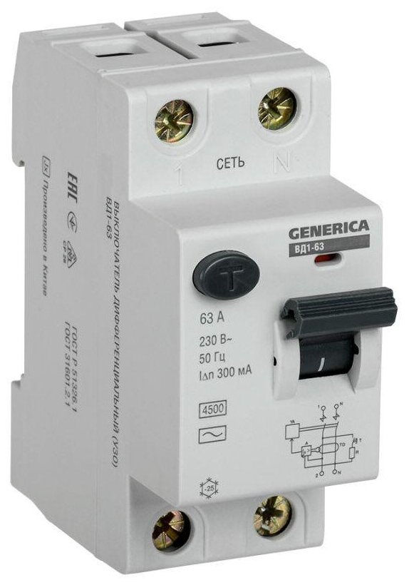 IEK Выключатель дифференциального тока (УЗО) 2п 63А 300мА тип AC ВД1-63 GENERICA IEK MDV15-2-063-300