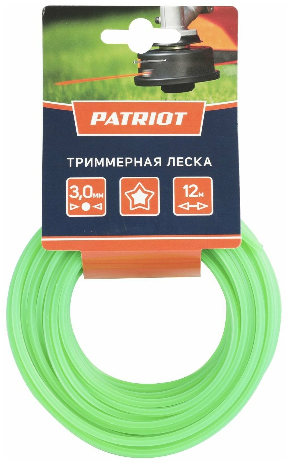 Леска для триммера Patriot D 3,0 мм L 12 м (звезда, зеленая) 300-12-3, картонный подвес